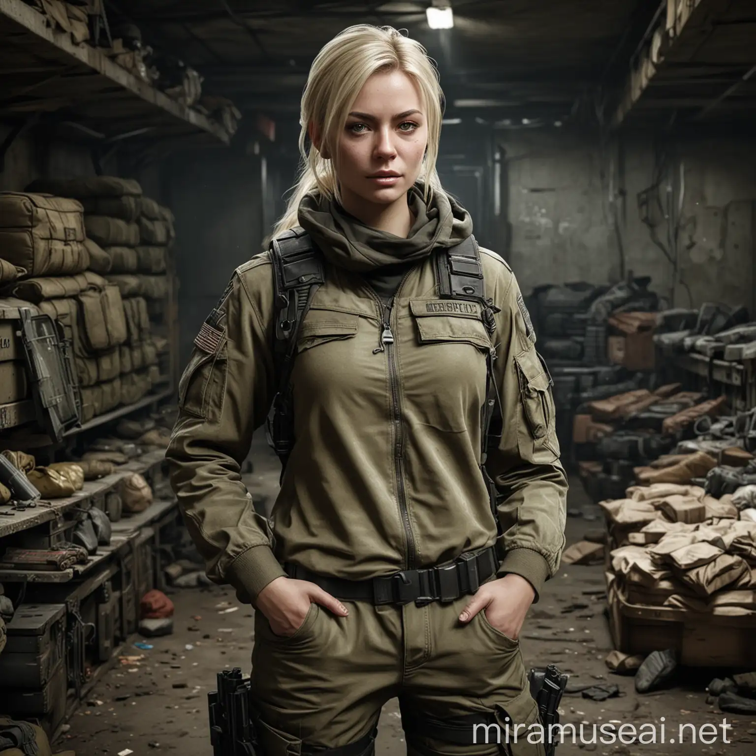 Female Trader in Bunker Surrounded by Military Equipment