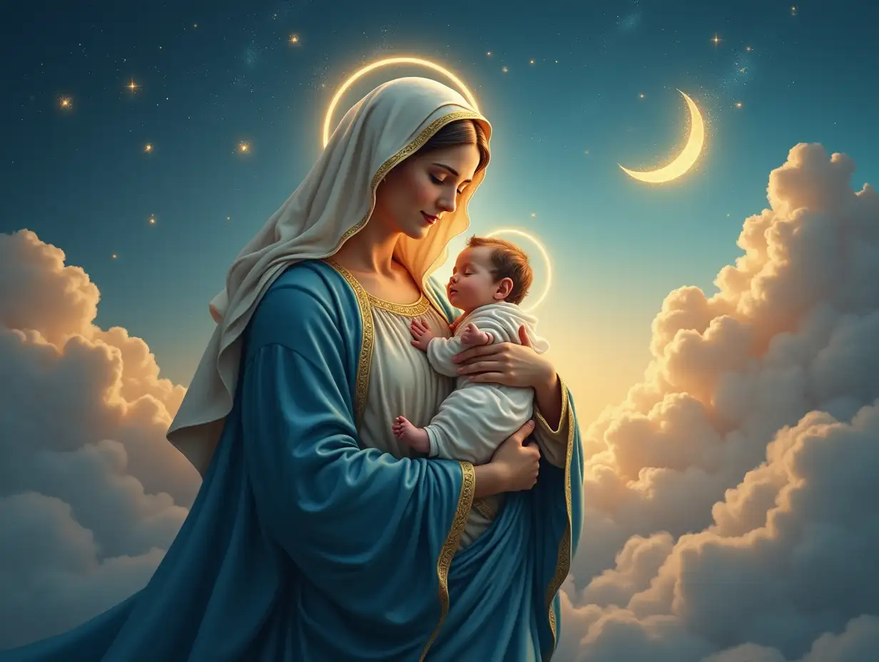 Virgin-Mary-Holding-Sleeping-Baby-in-Heavenly-Night-Sky-with-Glowing-Clouds