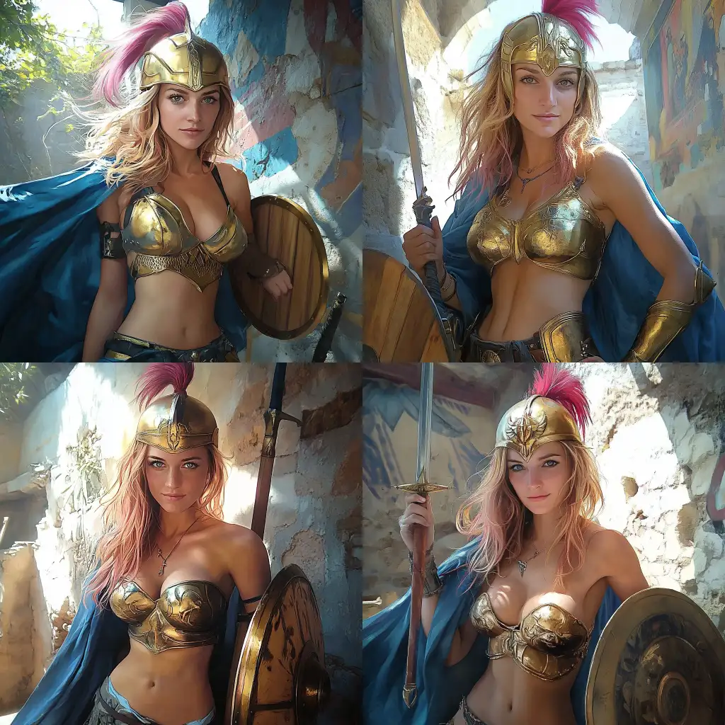 FierAI-Art-Prompt-Expansionce-Female-Warrior-in-Golden-Armor-with-Sword-and-Shield-in-Fantasy-Setting