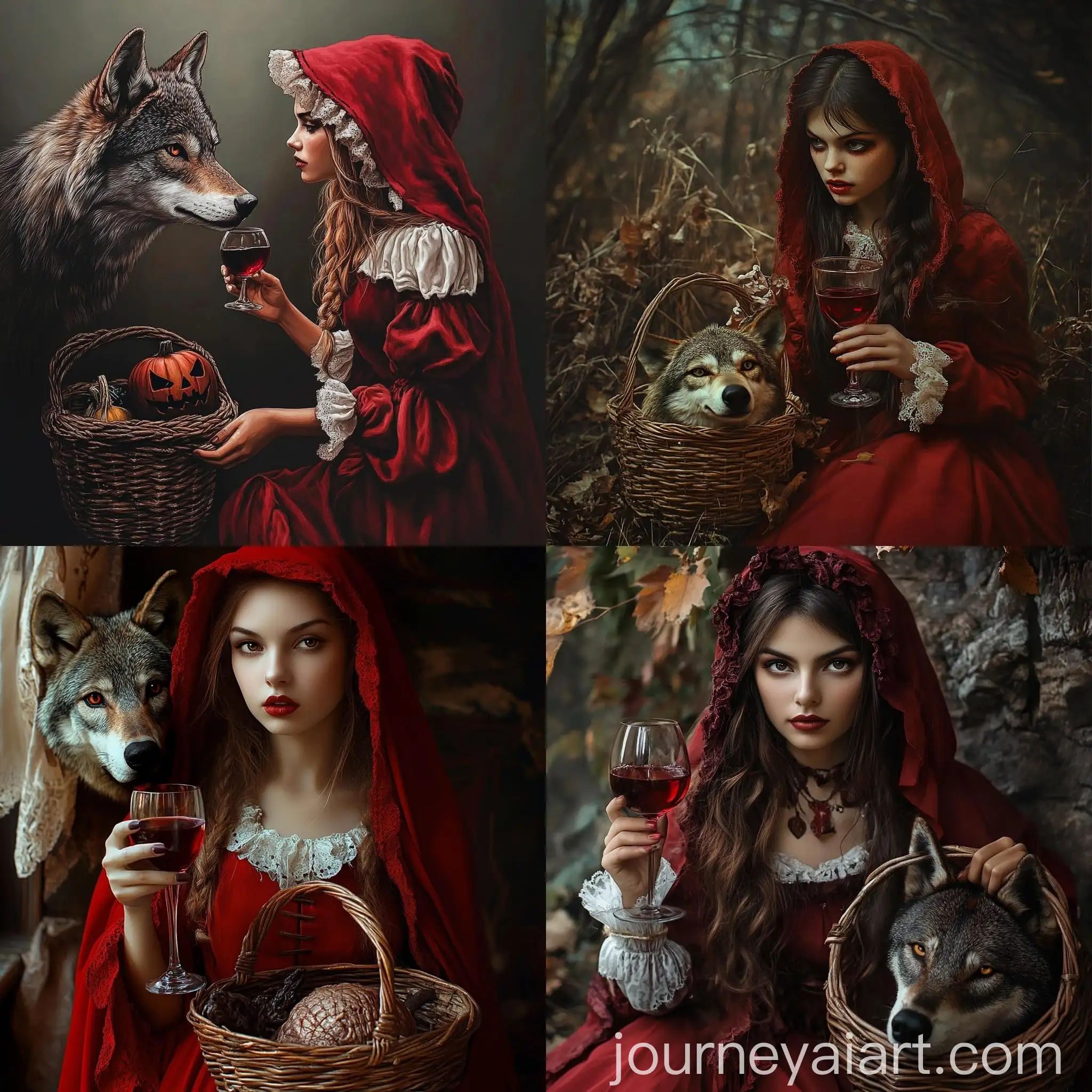 Little-Red-Riding-Hood-Halloween-Scene-with-Wolfs-Head-in-Basket