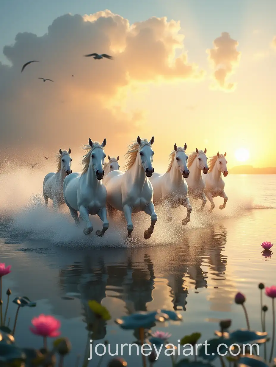 Seven-White-Horses-Running-in-Water-at-Sunrise-with-Birds-and-Lotuses