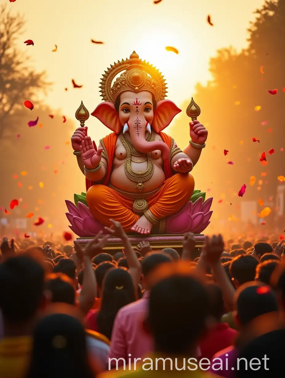 Vibrant Indian Festival Large Lord Ganesh Idol Amid Joyful Crowds and Rose Petals