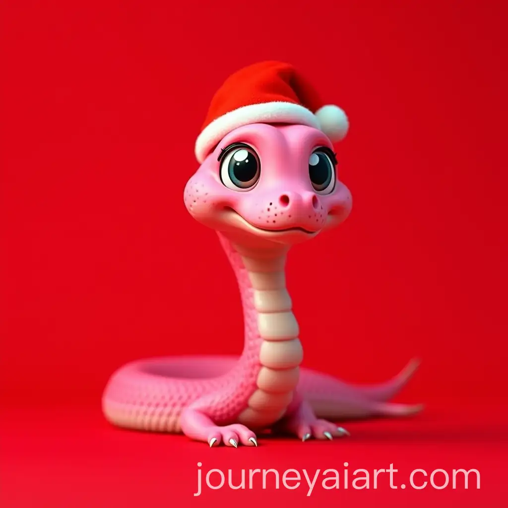 Cute-Pink-Snake-Wearing-Red-Christmas-Hat-on-Red-Background