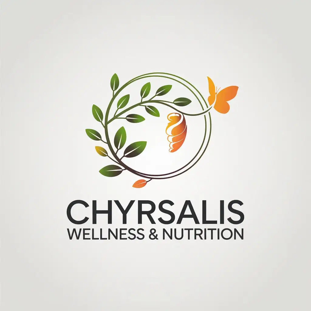 LOGO Design For Chrysalis Wellness Nutrition Green Black and Orange with Circular Branch Chrysalis and Butterfly Theme