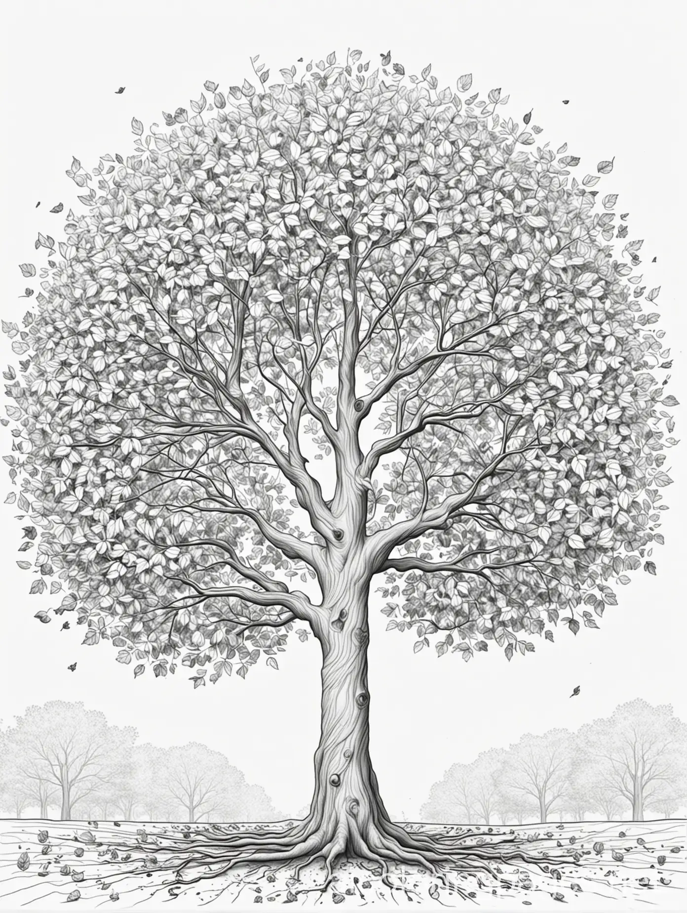 Big beautiful tree with falling leaves, line drawing, black and white, Coloring Page, black and white, line art, white background, Simplicity, Ample White Space. The background of the coloring page is plain white to make it easy for young children to color within the lines. The outlines of all the subjects are easy to distinguish, making it simple for kids to color without too much difficulty