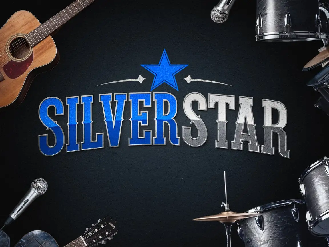 Musical Instruments and Blue Star Above Silverstar in Blue and Silver Tones on Dark Background