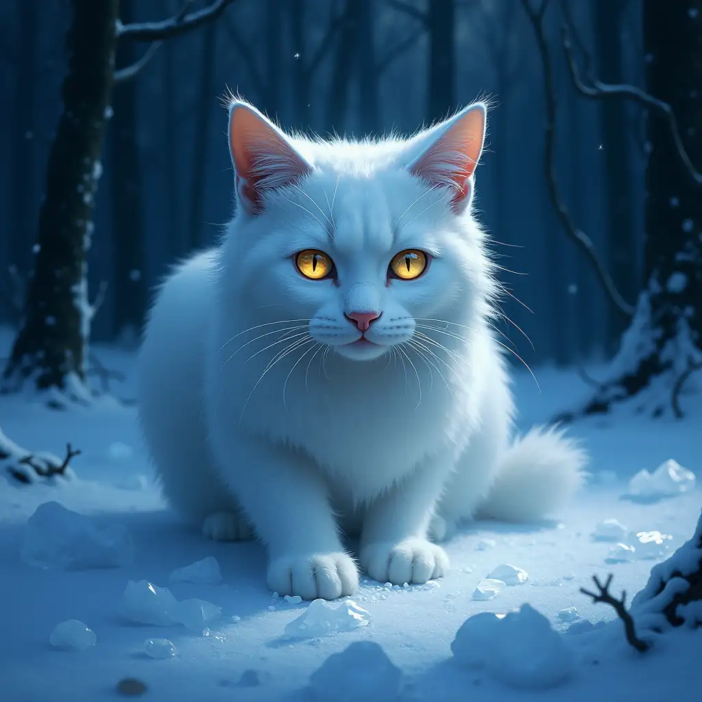 realistic fantasy illustration, In the twilight of the forest, where ice sparks dance, and the icy wind whispers ancient secrets, a white realistic cat froze in his black-space eyes reflect the glare of white ice, and under his paws is crushed ice - the power of the elements, living detailed eyes drawn downy fur, If you could run away, horror