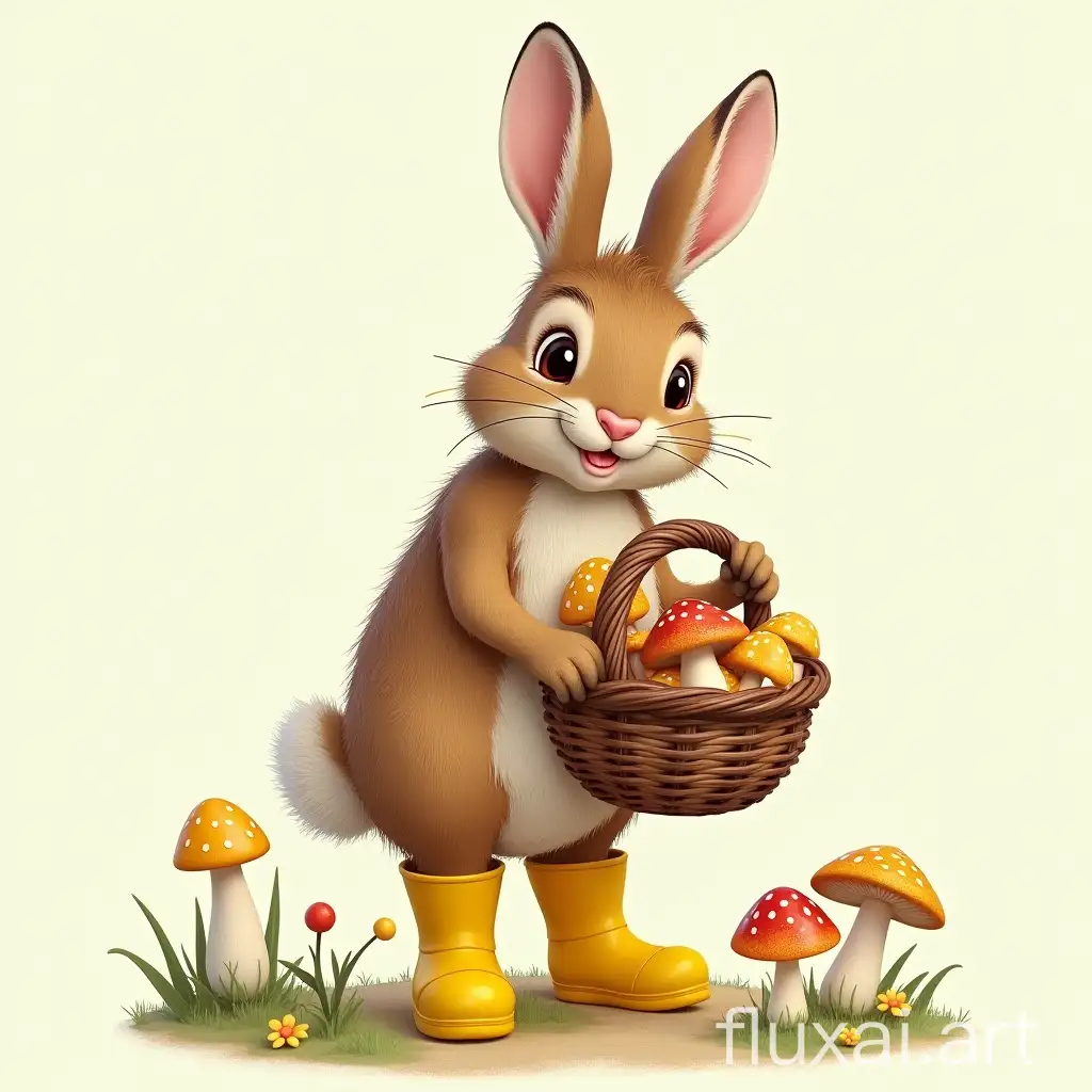 a hare in yellow rubber boots, with a basket of mushrooms