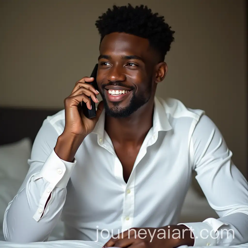 Handsome-Young-Black-Man-Talking-onAI-Image-Prompt-Expansion-the-Phone-in-Elegant-White-Shirt