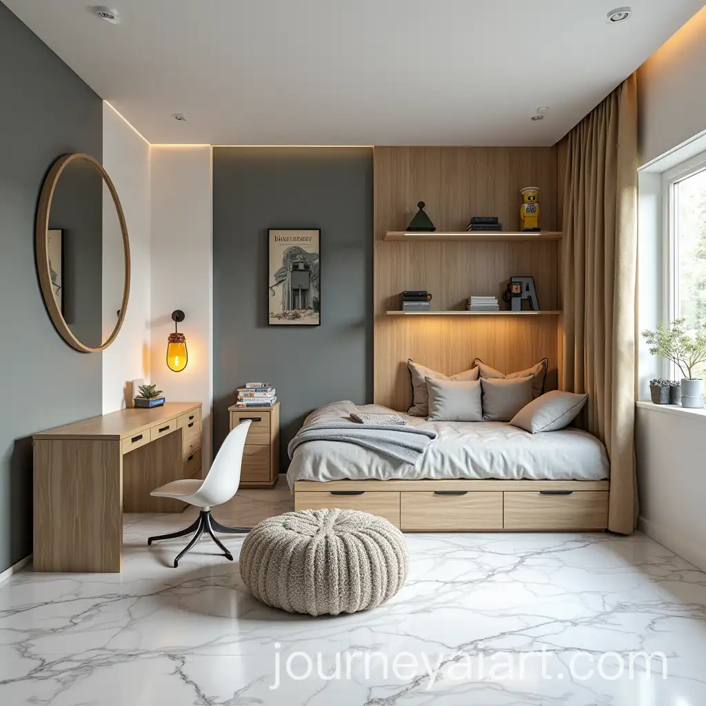 Teenage-Boys-Room-in-Neutrals-with-White-Marble-Flooring-LEGO-Theme