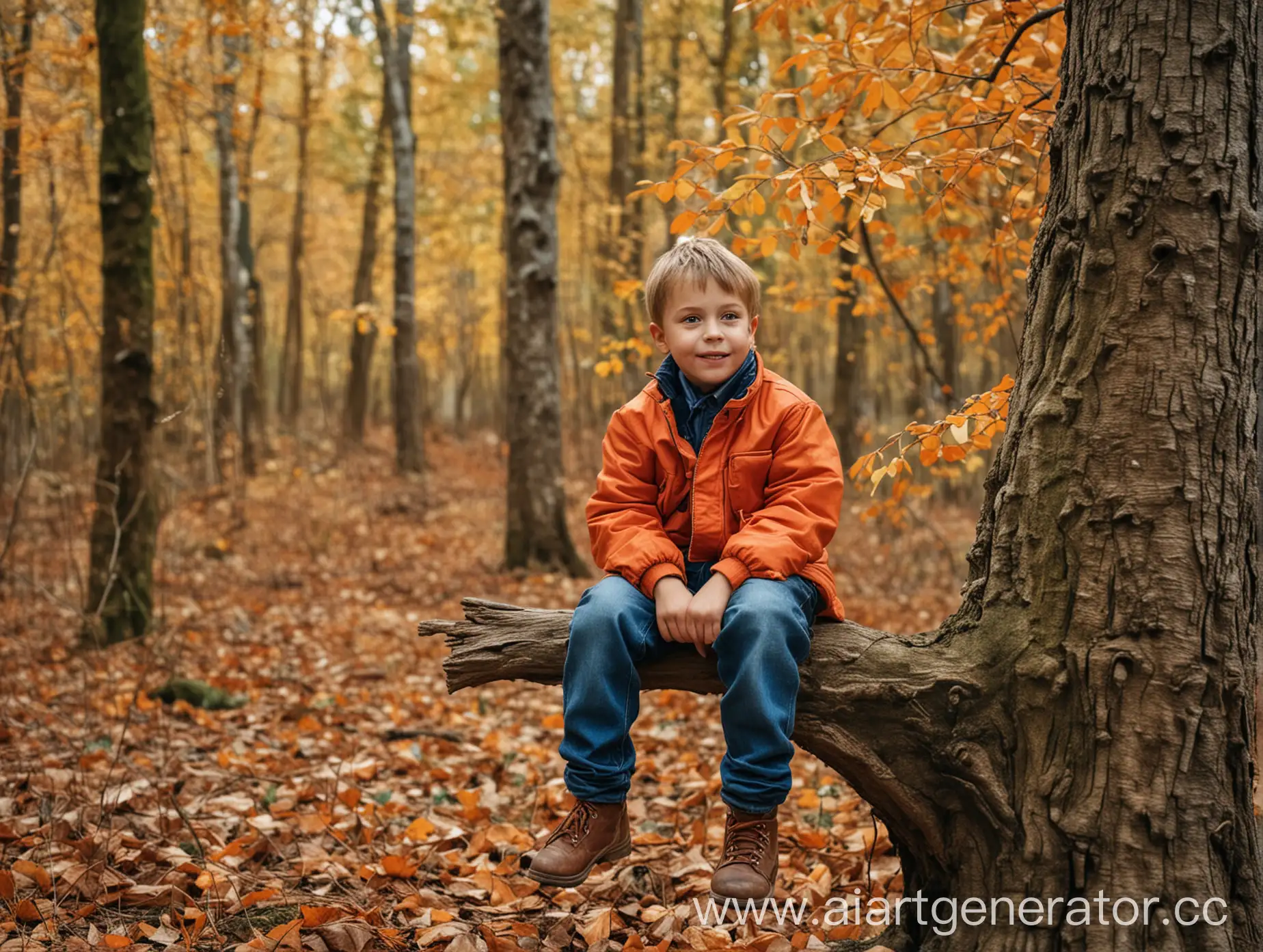 Boy-Sitting-on-Tree-in-Autumn-Forest