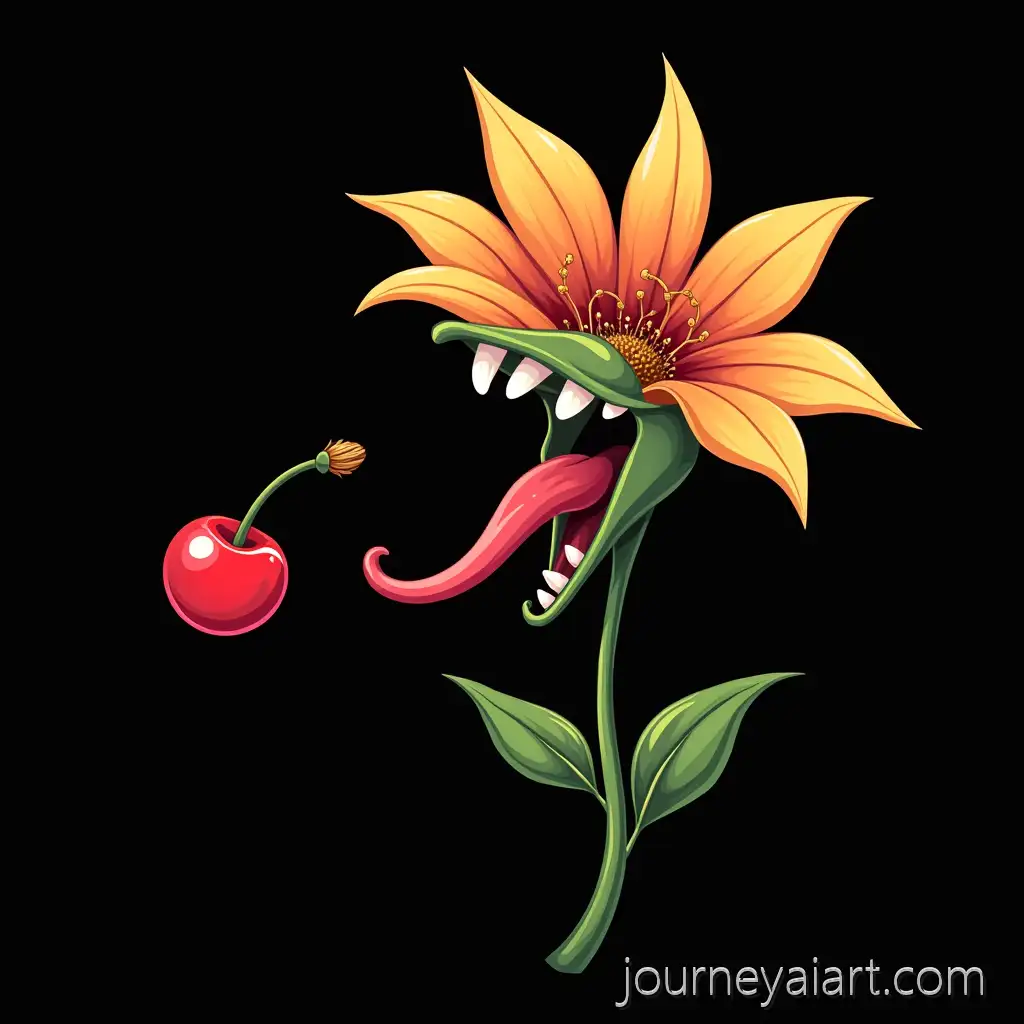 Vector-Design-of-a-FlowerFlower-eating-cherry-with-Open-Mouth-and-Long-Tongue-Attacking-a-Cherry-on-Black-Background