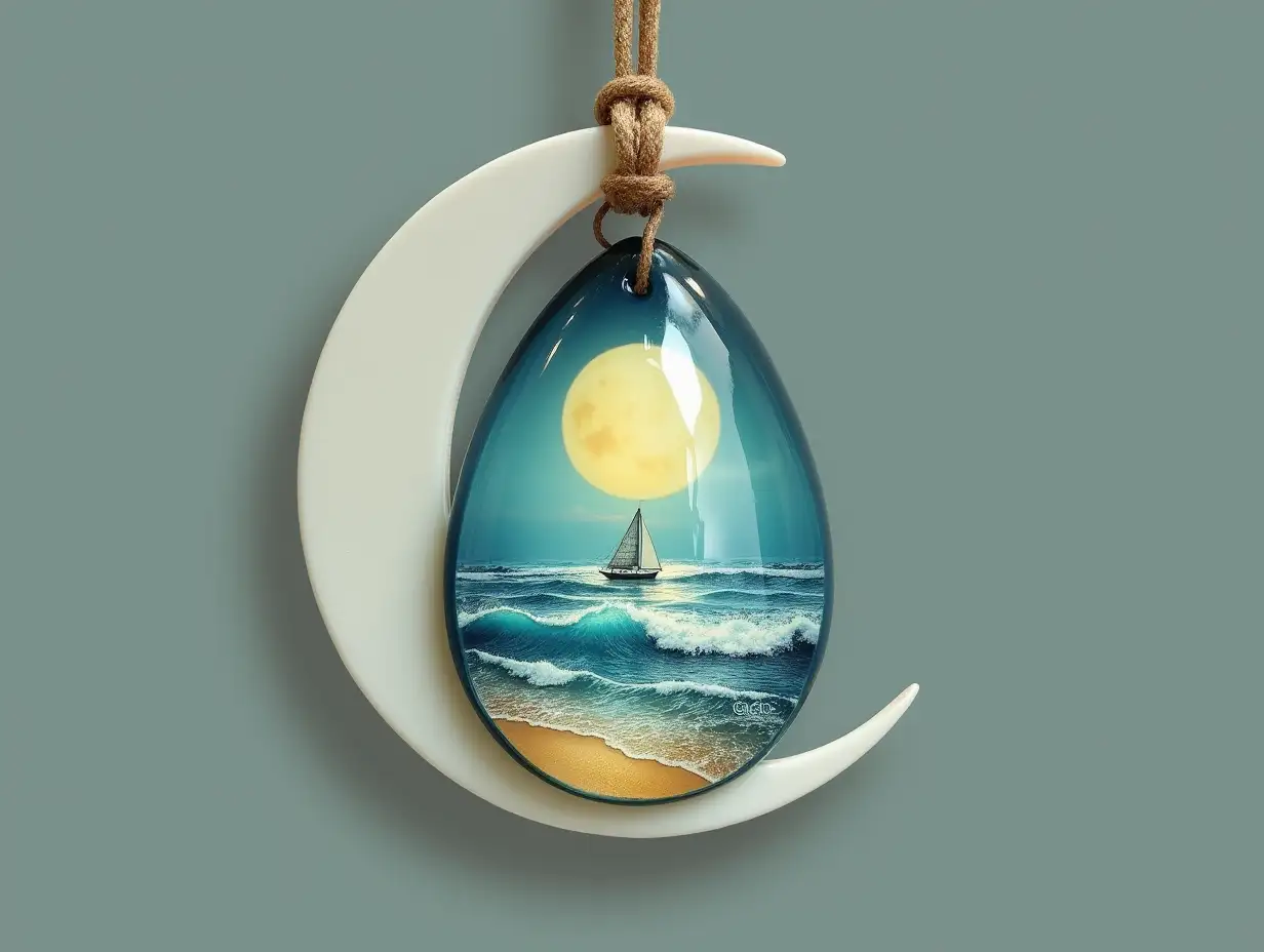 Create for me a glass egg pendant that hangs from a crescent moon with a beach with g waves and a sailboat and a moon inside