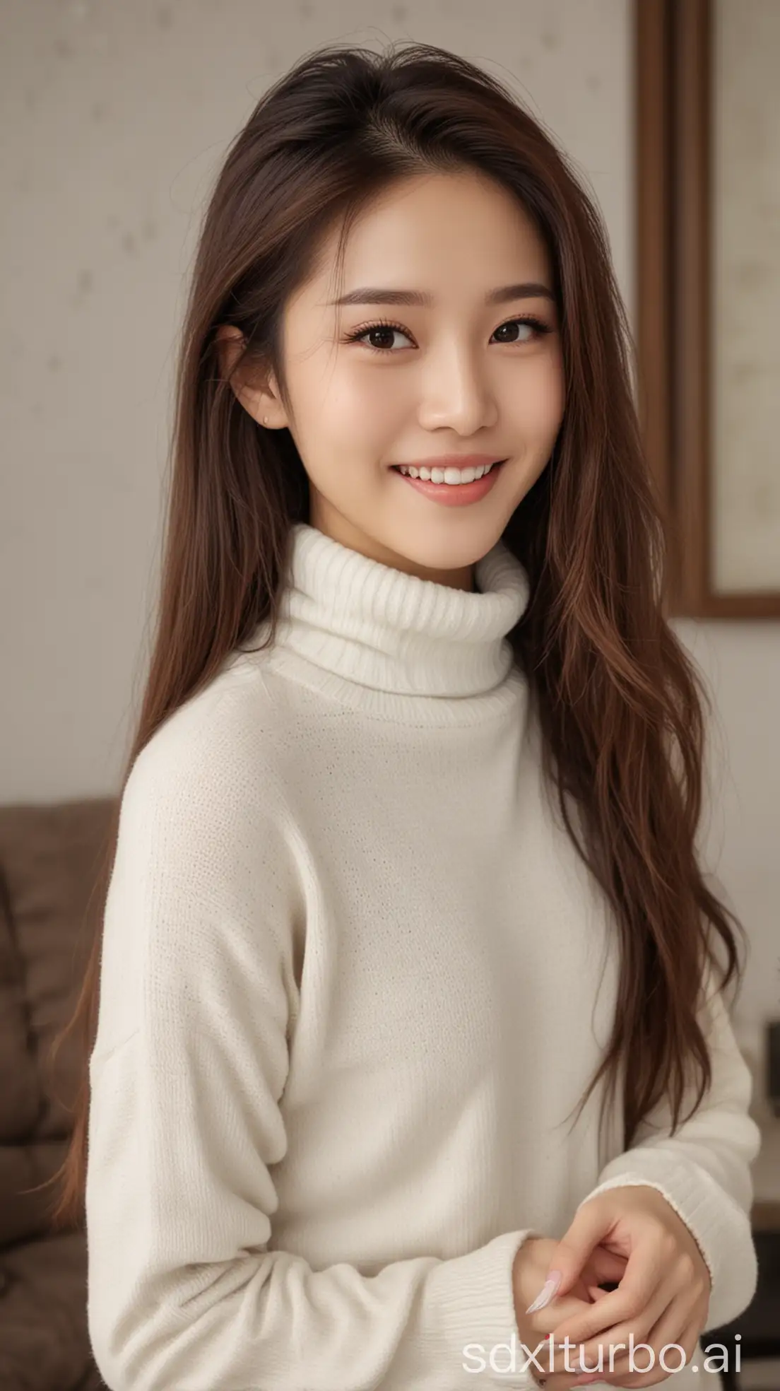 Chinese-Beauty-with-Brown-Hair-in-Winter-Living-Room-Wearing-HighNeck-Sweater