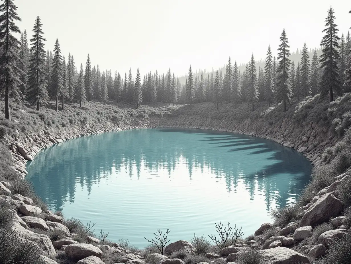 Round lake in the crater. View from the water level. The crater shaft is tree-lined in the form of a park. Aspect ratio 16:9. dry needle engraving.