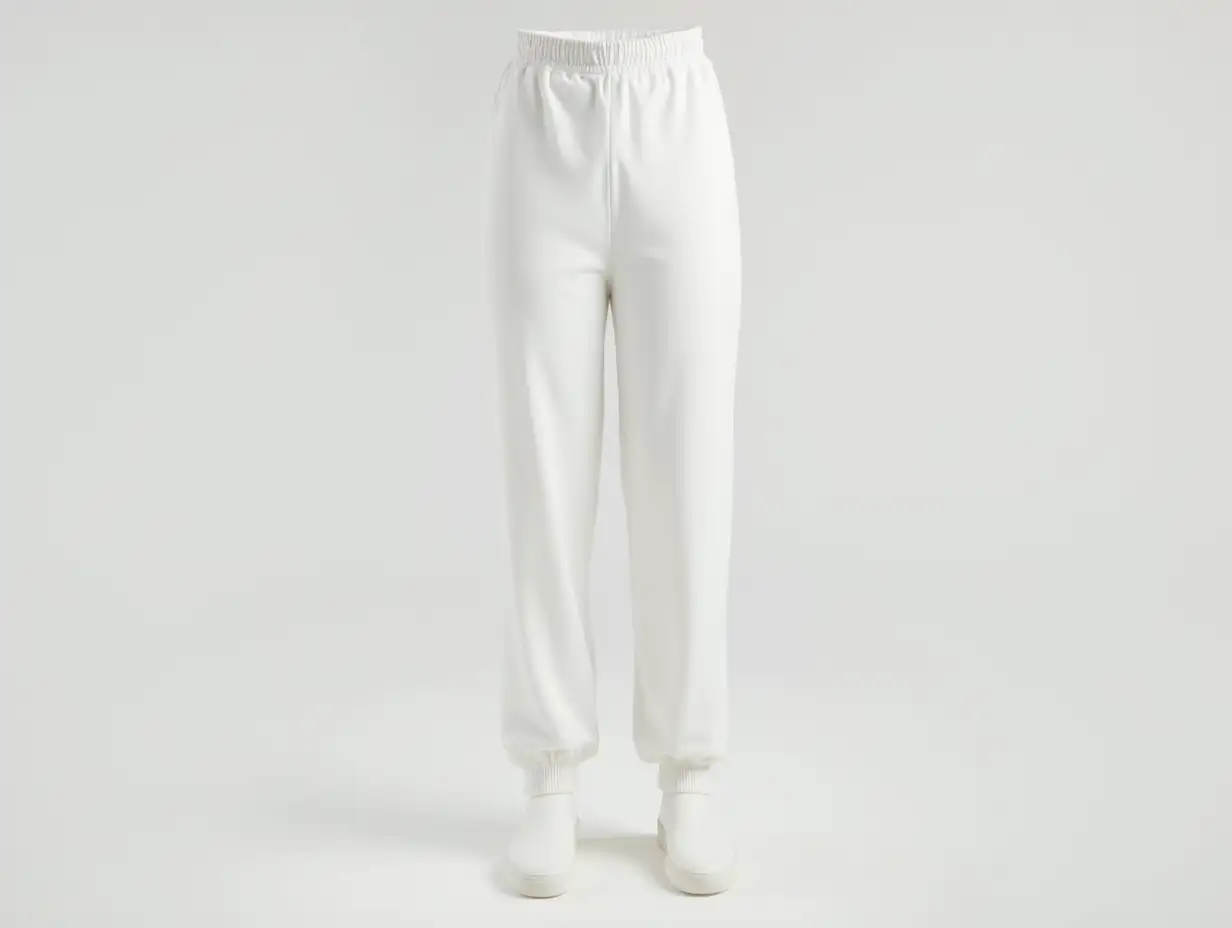 Create a high-quality image of a model wearing white sweatpants, focusing on the area from the waist to the shoes. The sweatpants should have a clean, modern design with an elastic waistband and cuffs. The background should be neutral to highlight the sweatpants' details, such as the fit, texture, and color, while ensuring the shoes are visible to show the complete look