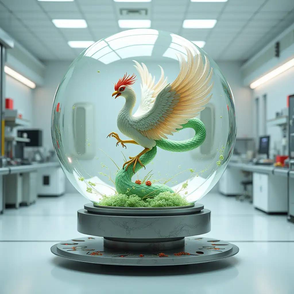 A white, green, red, and gold phoenix inside a giant glass ball on a large, ultra-modern rotating machine inside a white laboratory with ultra-modern equipment.