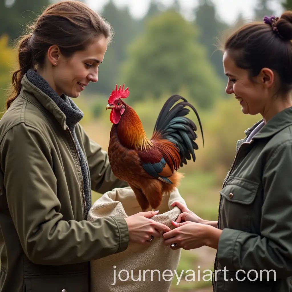 Two-Women-Handling-a-Rooster-and-Cloth-Bag