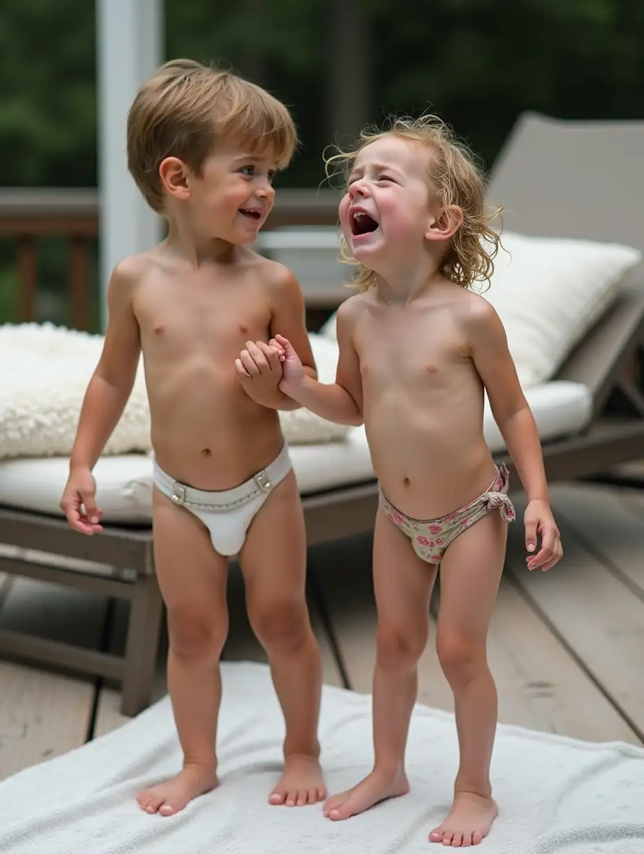 Athletic-Boy-Holding-Crying-Sister-on-Wood-Deck-with-Lounge-Chair-and-Pillows