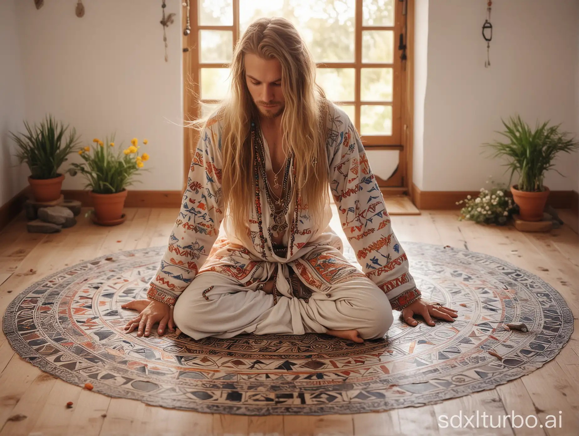 a far nordic young male yogi, long flowing hair, adorned long colorful tunic with runes, mystical necklaces, magical symbols, on push-up pose, yoga mats with runic patterns, circle of ancient carved runic stones, vibrant flowers, inside a white stone yoga studio with wooden floor, enchanting nordic sunrise atmosphere, ethereal lighting, dreamy pastel colors, soft misty aerial perspective, intricate costume details, sacred geometry, harmonious composition, idyllic scenery, otherworldly ambiance, large angle view