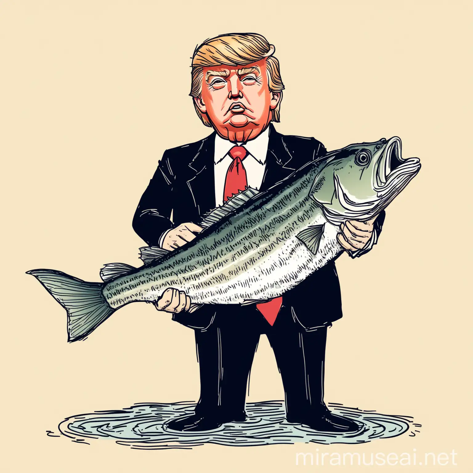 Donald Trump Holding a Large Bass Fish Illustration