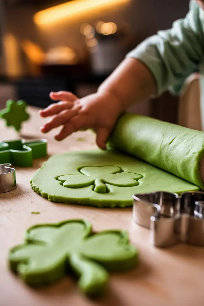 Close-up image of green shamrock playdough being rolled out on a wooden surface. Shamrock cookie cutters are nearby, and a child's hand is reaching for the playdough.  Textured, inviting, playdough craft, warm kitchen lighting, focus on the playdough and cookie cutters, realistic.