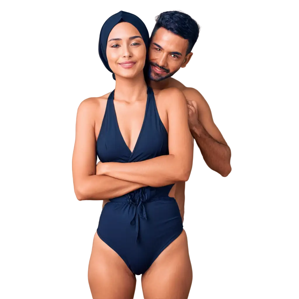 Indonesian-Woman-in-Hijab-Wearing-Swimsuit-Flirting-and-Hugging-Man-at-the-Beach-PNG-Image