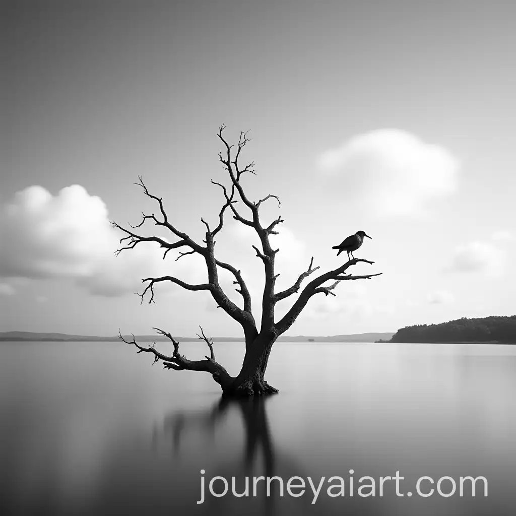 Long-Exposure-Black-and-White-Photograph-of-a-Dry-Tree-in-a-Lake-with-a-Bird-and-Moving-Clouds