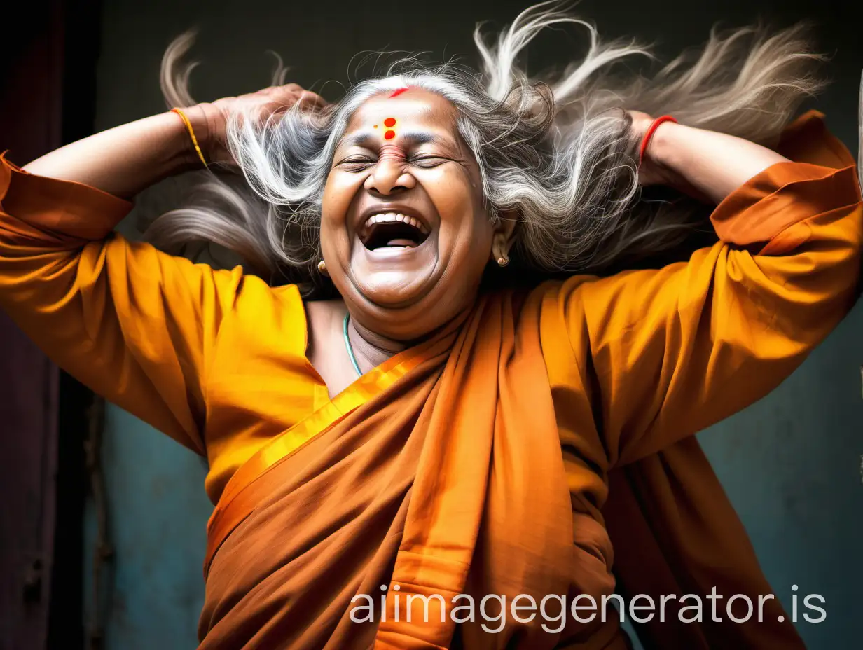 an Indian mature fat curvy woman monk having age 75 showing her long flying hairs she is closing her eyes in happy ness and laughing