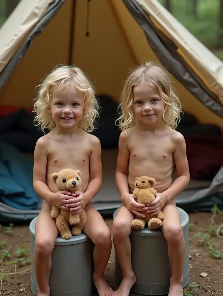 Two-Skinny-Girls-with-Shy-Smiles-at-a-Campsite-Holding-Stuffed-Animals