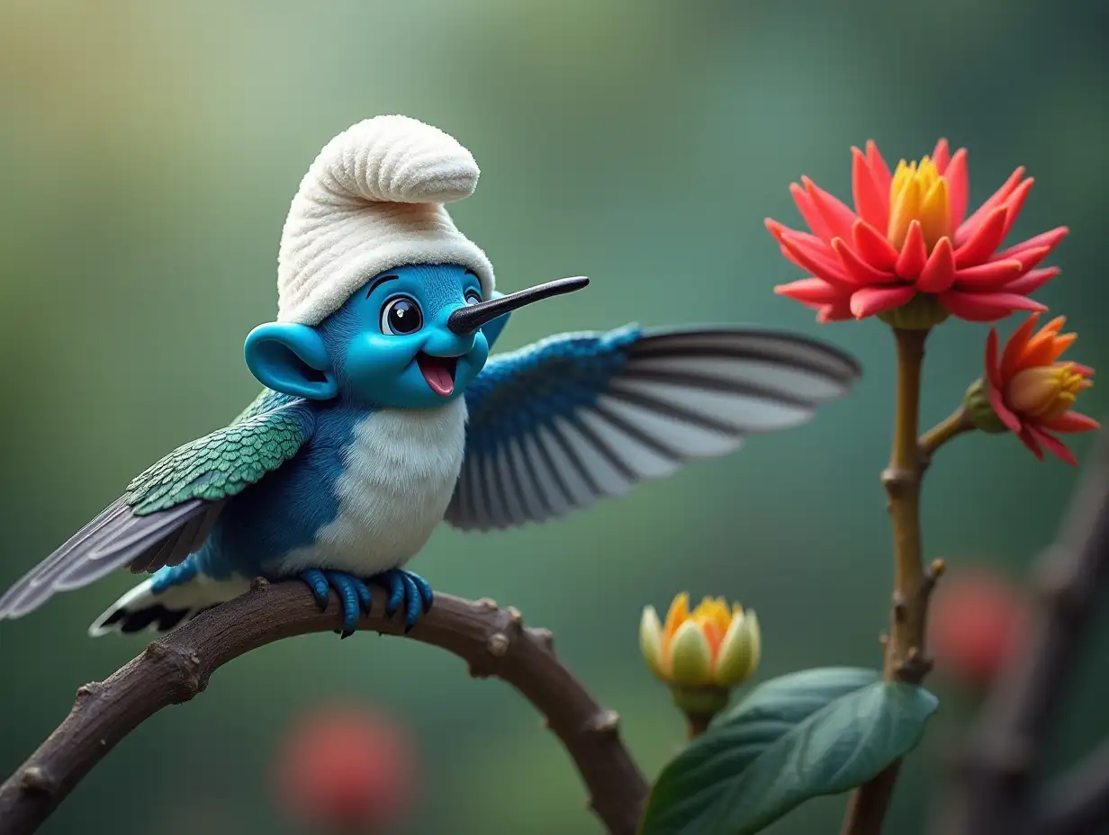 Create a surreal world hummingbird with Smurf head