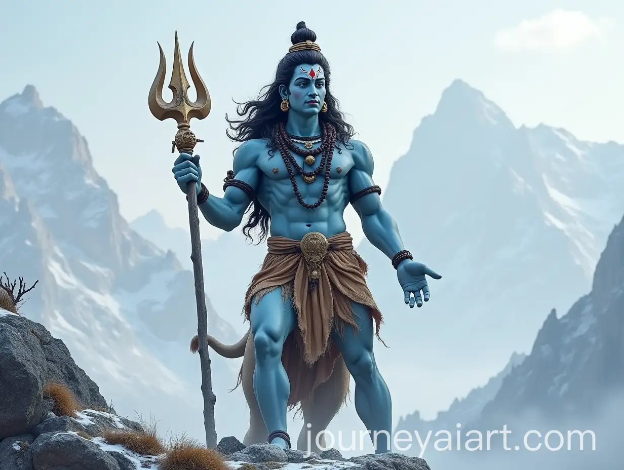 Hindu-God-Shiva-Standing-in-Snowy-Mountains-with-Lions-Skin-Damru-and-Trishul