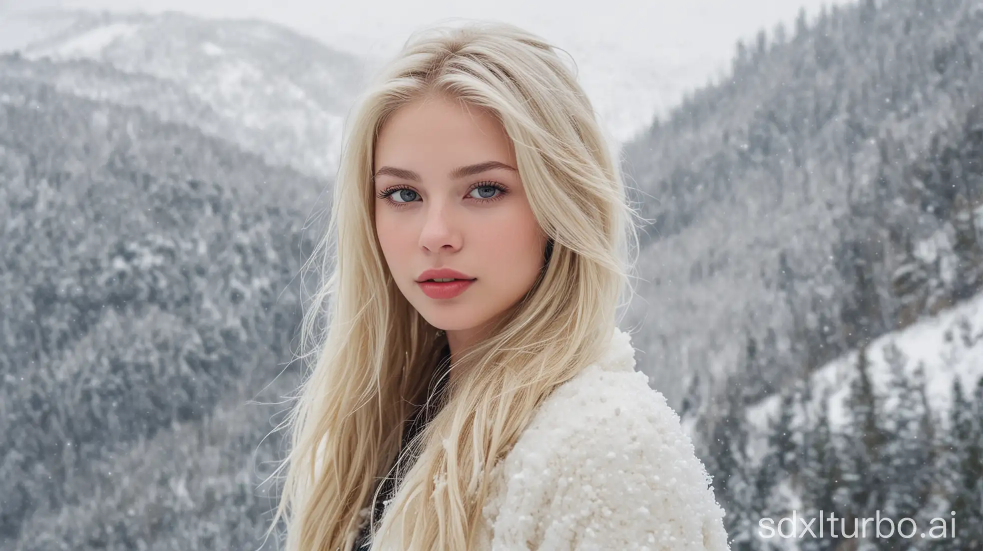 pretty blonde girl with white skin modeling on a snowy mountain