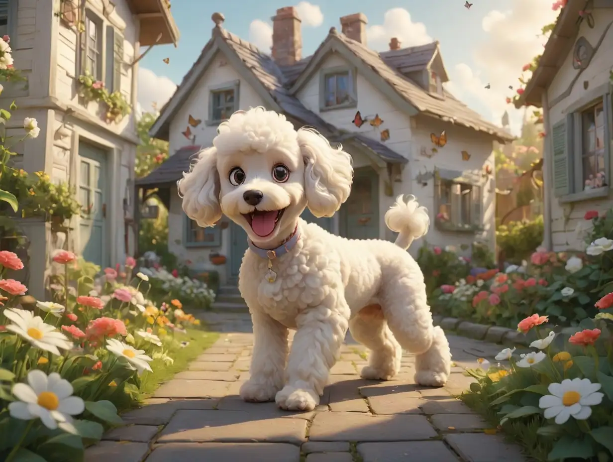 a wide-angle view of a street with a white poodle playing with butterflies in a flower garden. There is a small house in the background, and the atmosphere is that of a morning scene., 3d disney inspire