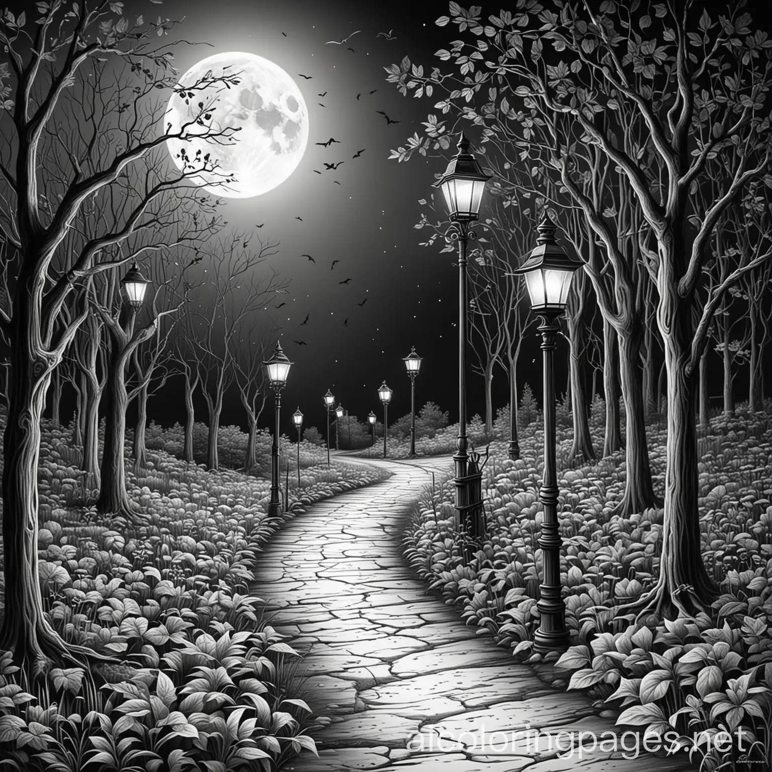 Creepy-Trail-Under-a-Full-Moon-A-Black-and-White-Coloring-Page