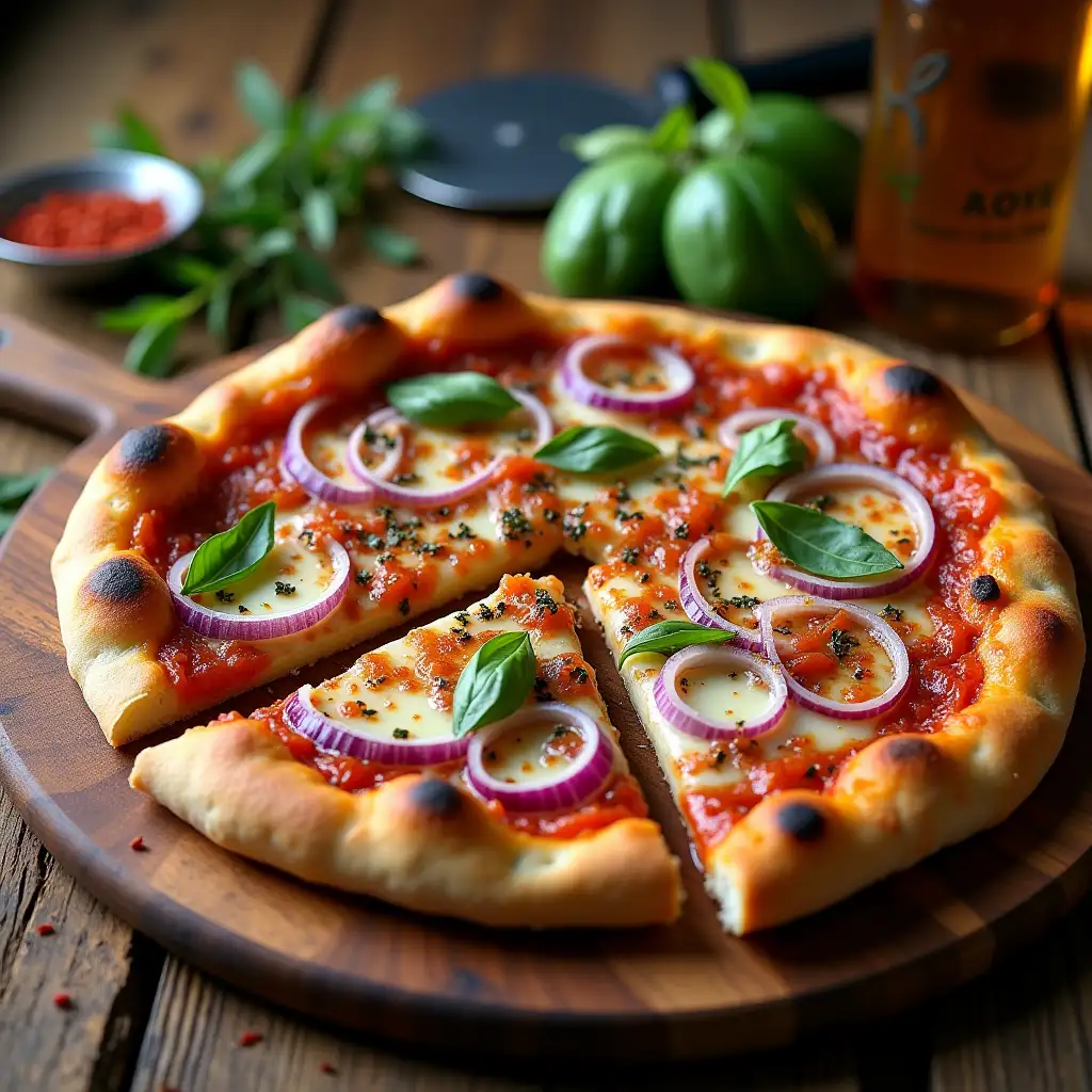 A wood-fired onion pizza placed on a rustic wooden board, featuring a thin crust with visible golden-brown, crispy edges. The pizza is topped generously with caramelized onions, finely sliced red onions, melted mozzarella, and a light sprinkling of oregano, basil, and crushed chili flakes. Cheese is perfectly melted with a slight golden-brown bubbling effect, and the crust shows authentic char marks. The pizza is slightly pulled apart to reveal gooey cheese strings. The setting includes a rustic background with a wooden table, a pizza cutter on the side, fresh oregano leaves scattered around, and a small bowl of chili flakes. Natural daylight enhances the textures and colors, making the pizza appear hot and fresh out of the oven, perfect for a Zomato listing.