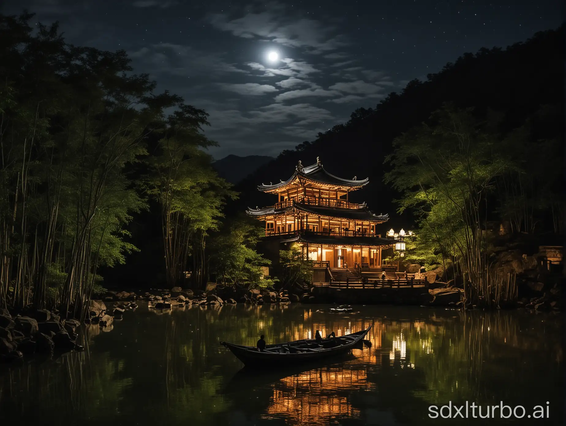 In the quietness of the night, Cold Mountain Temple is located outside of Gusu City. The temple's architectural style is archaic, with eaves that curve and overlap, making it appear particularly tranquil under the moonlight. The temple is surrounded by a dense bamboo forest, and when the wind blows, the bamboo leaves rustle softly. In the distance, a winding river can barely be seen, with twinkling lights on the surface of the water. A small boat is docked beside the river, and the tourists on board are looking up at Cold Mountain Temple. A lantern is hung on the small boat, casting a dim light that illuminates both inside and outside the cabin, giving off a warm feeling. The faces of the tourists on the boat are mysterious yet peaceful under the interweaving light of the lamp and the moon.