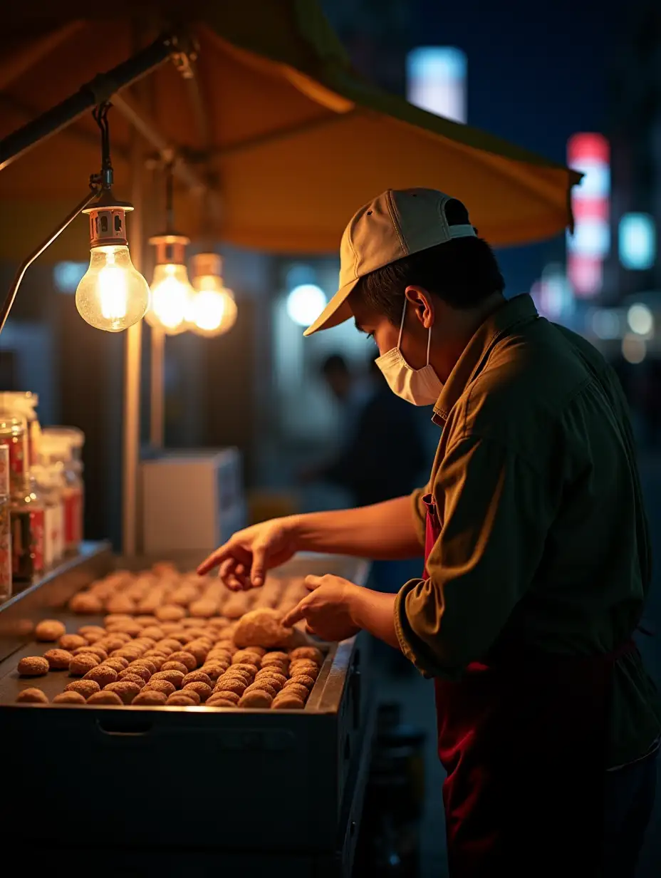 Capture a street food vendor in Tokyo at night, taken with a wide-angle lens (24 mm) with an aperture of f / 1.8