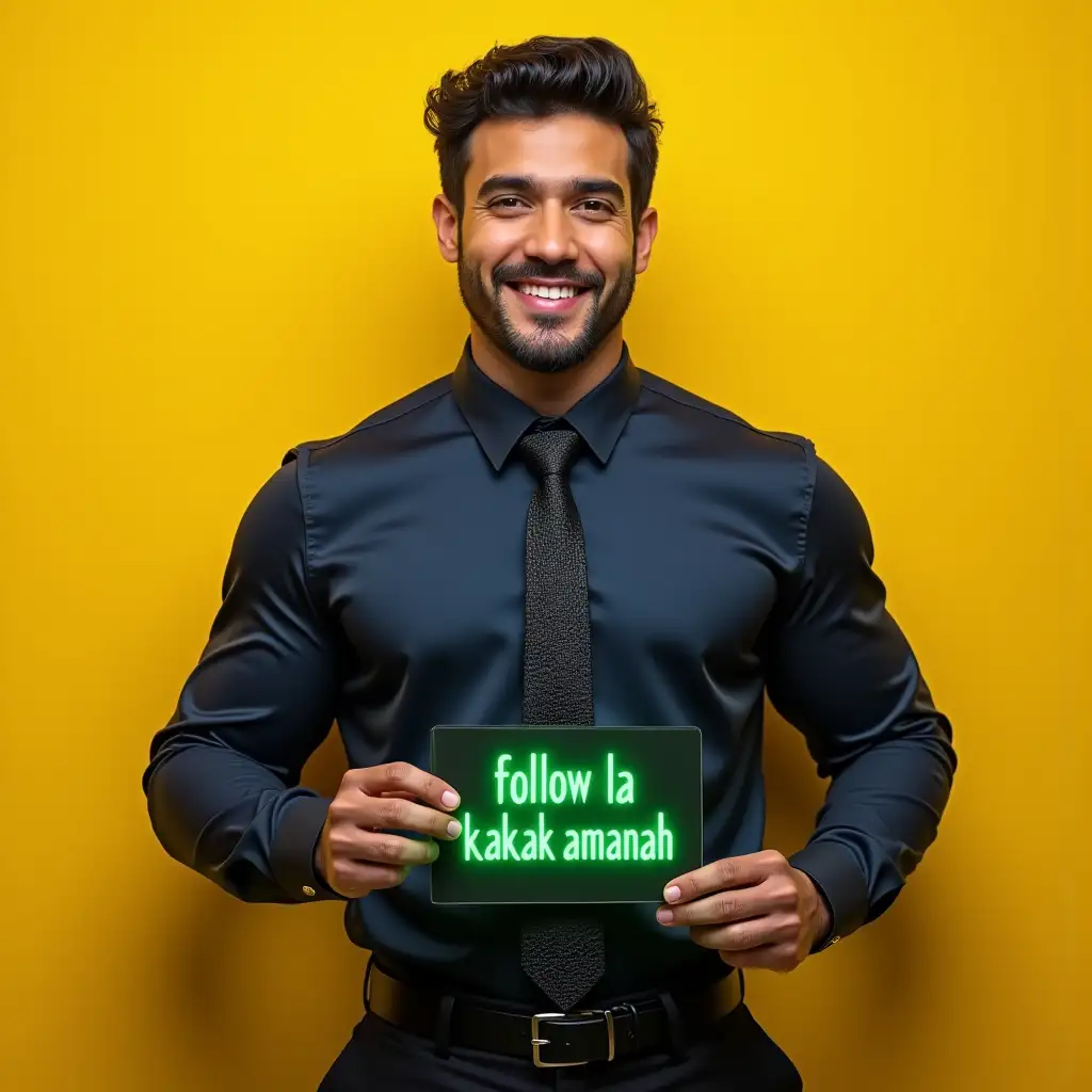 arafed man holding sign with glowing green text 'follow aku la kakak amanah' in a navy satin shirt and a black exclusive tie and wearing a black shiny crocodile type leather, standing against a yellow wall, a stock photo inspired by Eric Dinyer, shutterstock, american barbizon school, collared shirt, photorealism, high collar, ceo, vitorugo, paul pepera pablo roldan, instagram contest winner, shabab alizadeh, ricardo milos, smiling, looking straight to the camera, smiling and welcoming expression, happy eyes, dau-al-set, private press, around 20 yo, 'the ultimate gigachad, featured on pexels, featured on cg society, precisionism, perfect man, fine art, superflat, slender and muscular build, michael pangrazio, christian orrillo, very strong and masculine man, muscular masculine figure, bodybuilder posing, dribble, well-groomed model