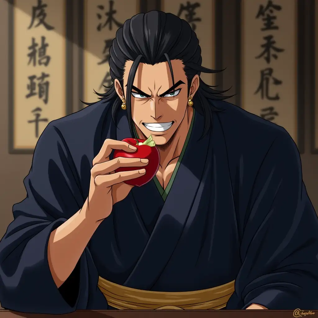 Draw Suguru Geto from Jujutsu Kaisen in anime style, wearing his traditional dark blue kimono with a gold sash and blue earrings. He has long dark hair slicked back with a few strands loose, and an arrogant, smug facial expression. Capture him in a close-up, seated pose, just like in the original anime, but with one hand holding a bitten red apple near his mouth and a playful, confident smirk as he takes a bite.Keep the lighting, shading, and facial features faithful to the anime's style. The background should resemble a traditional Japanese interior with muted scrolls or calligraphy in the back, slightly out of focus. Emphasize the intense, cunning eyes and the relaxed, yet composed posture. Use rich colors and sharp line art for a high-resolution anime frame look.