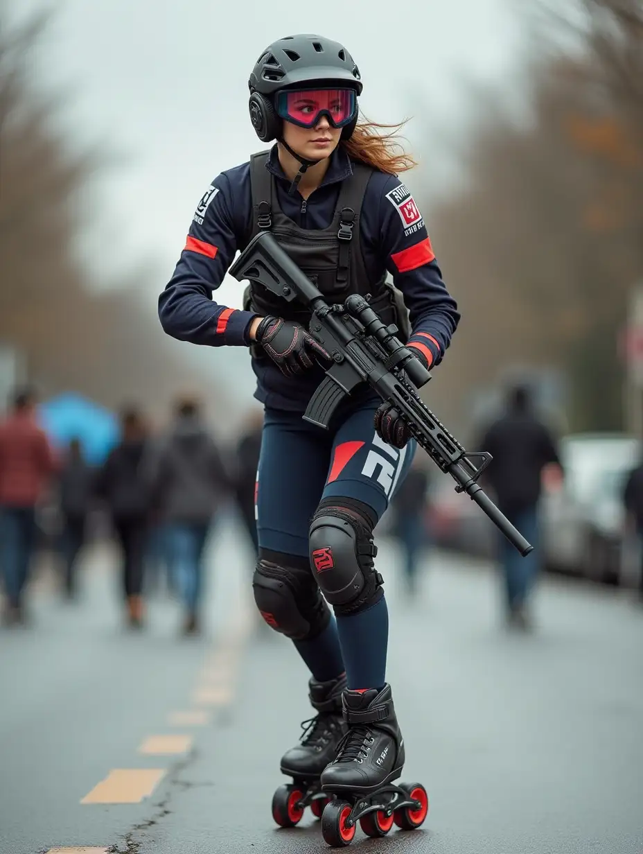 a 17 year old airsoft geared woman at a distance, she is skating on a street, holding a weapon, ordinary people in background, clothes have racing colors, she is wearing lots of functional sportswear, cycling gloves, airsoft helmet with transparent visor over eyes, smartwatch, thick plastic knee pads, modern inline skates with complete organized wheels