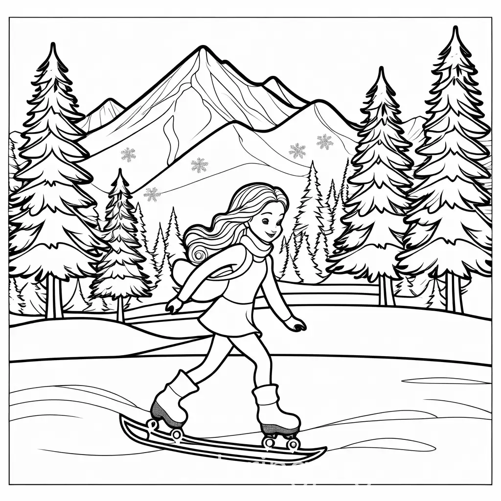 Ice-Princess-Skating-on-a-Frozen-Lake-with-Snowflakes-and-Mountains