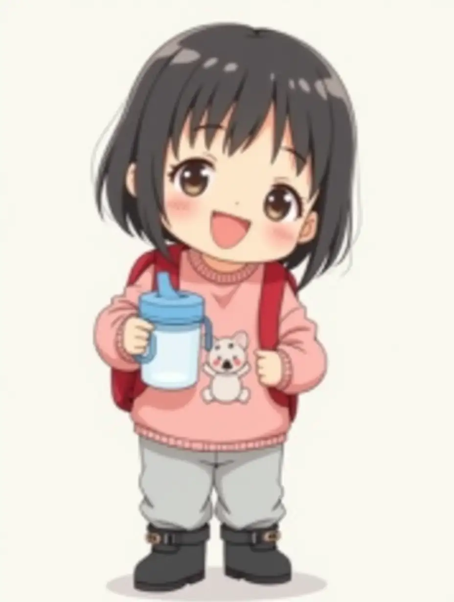 Create an image:Cute toddler girl, likely 3 years old, of Asian descent, wearing a pink long-sleeve shirt with a graphic print stylized cute animals. She wears a red backpack, light gray pants, and black winter boots. She holds a light blue lid, pure transparent body, small toddler Sippy Cup with handle . The girl has dark, straight hair, expressive eyes, and a happy, open-mouthed expression, likely showing excitement or joy. Akira Toriyama style, sharp focus, high resolution