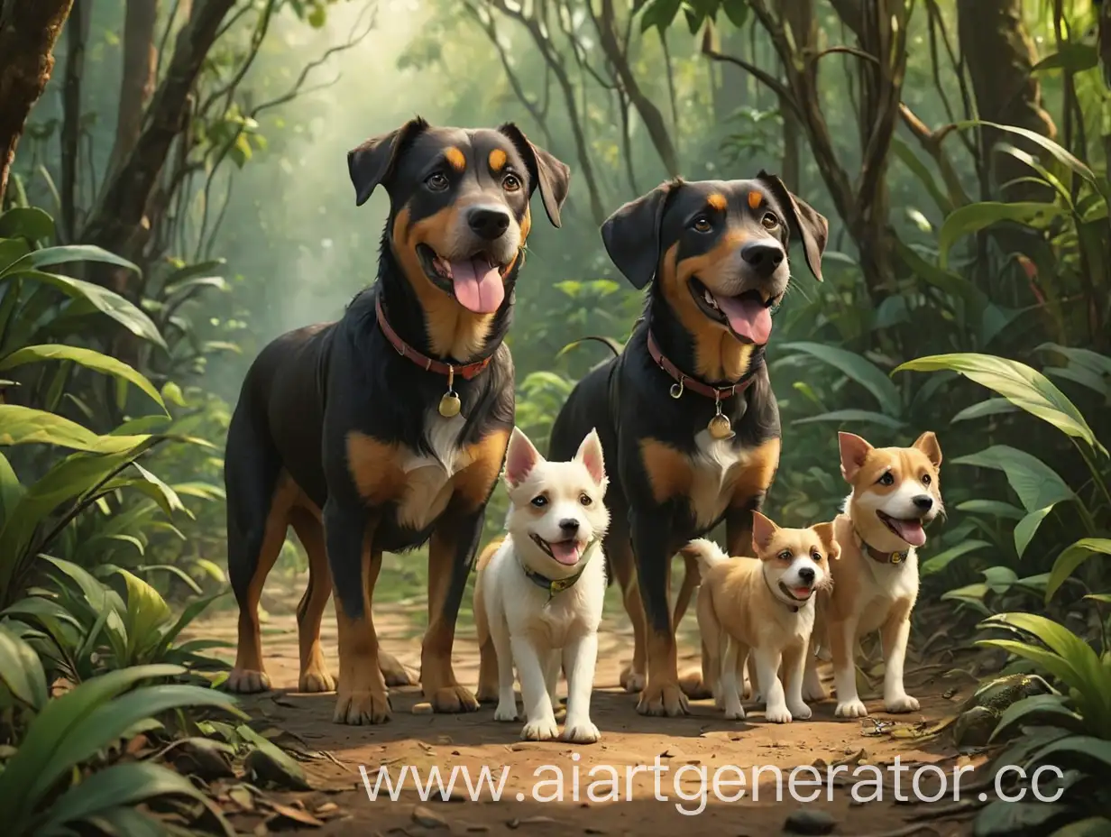 Dog-Family-Walking-in-Jungle-Scene