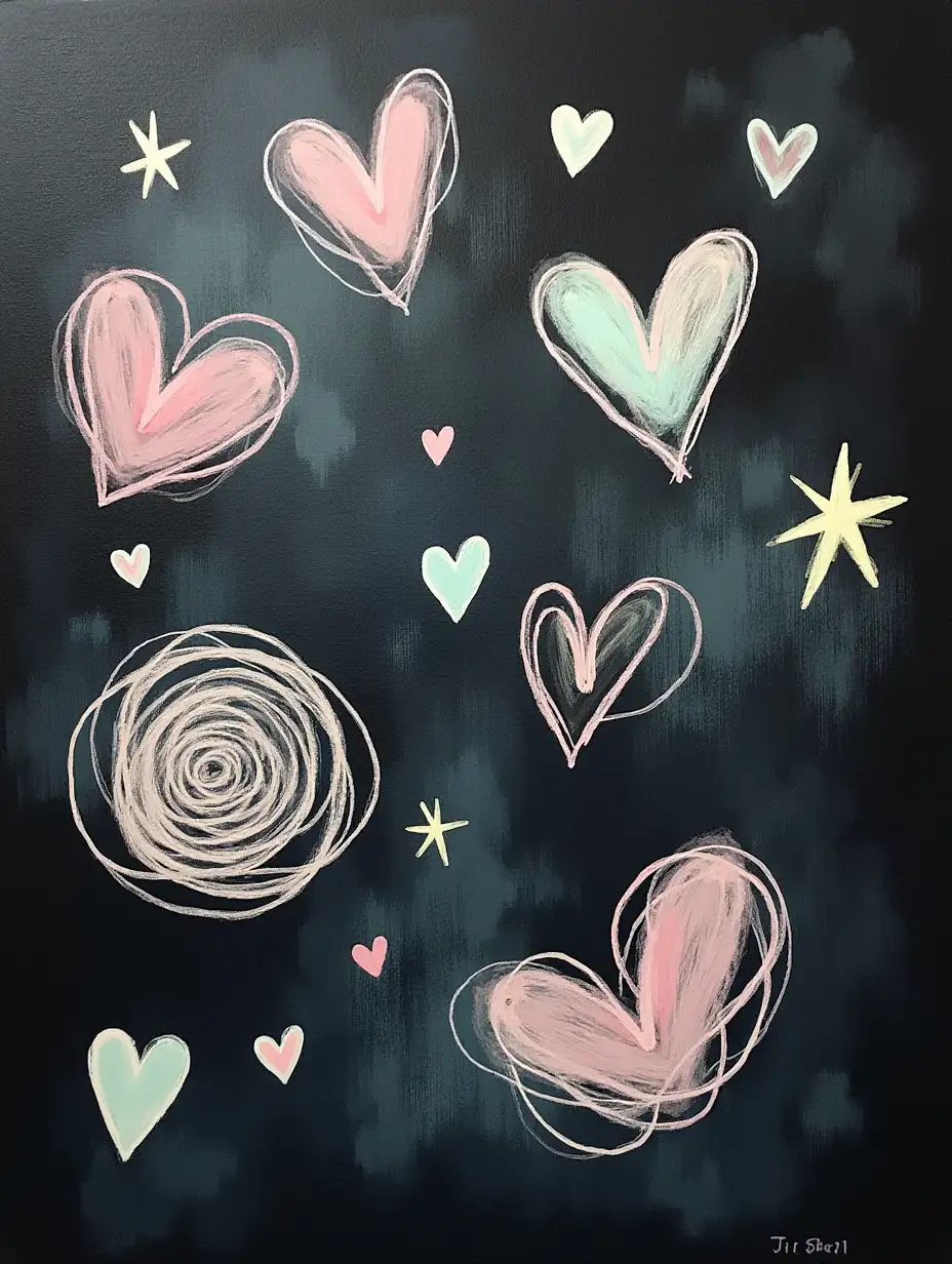 Create an abstract painting with a smoky, textured black background created by sweeping horizontal brushstrokes, overlaid with pastel shapes resembling hand-drawn doodles such as spirals, hearts, and stars in soft pink, mint green, and light yellow. Use a chalky texture for the pastel shapes to contrast against the dark background.