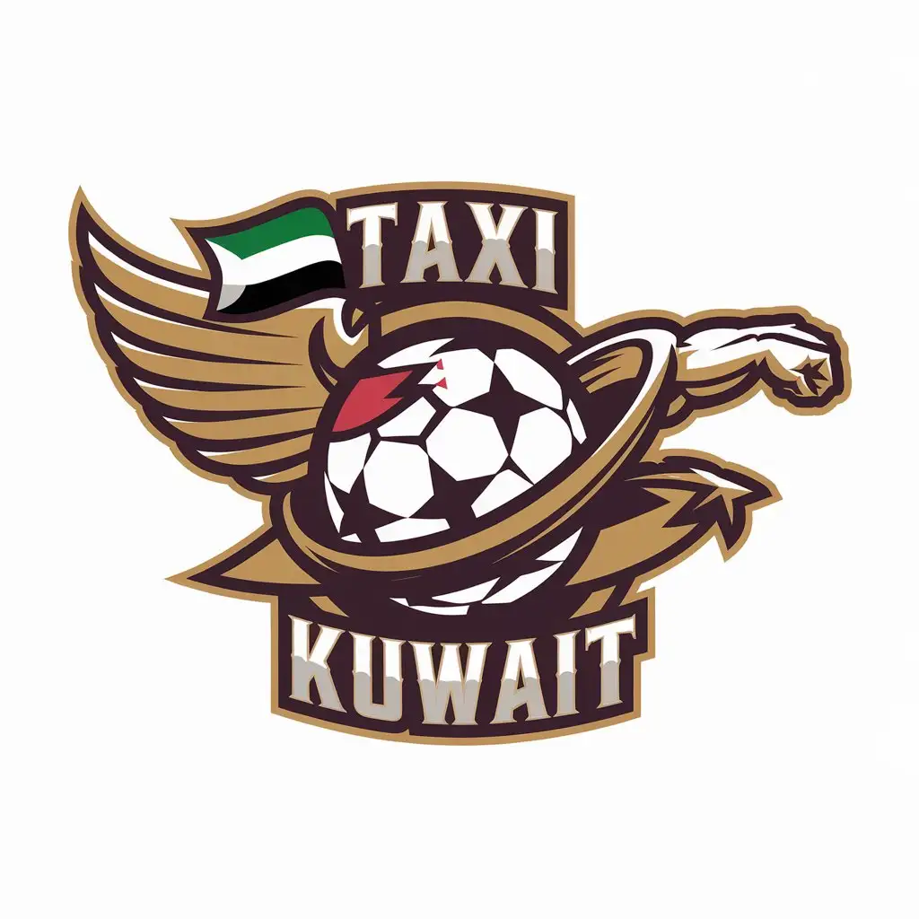 LOGO Design for Taxi Kuwait Vector Logo with Soccer Ball Flag Hourglass Wing and Extended Arm