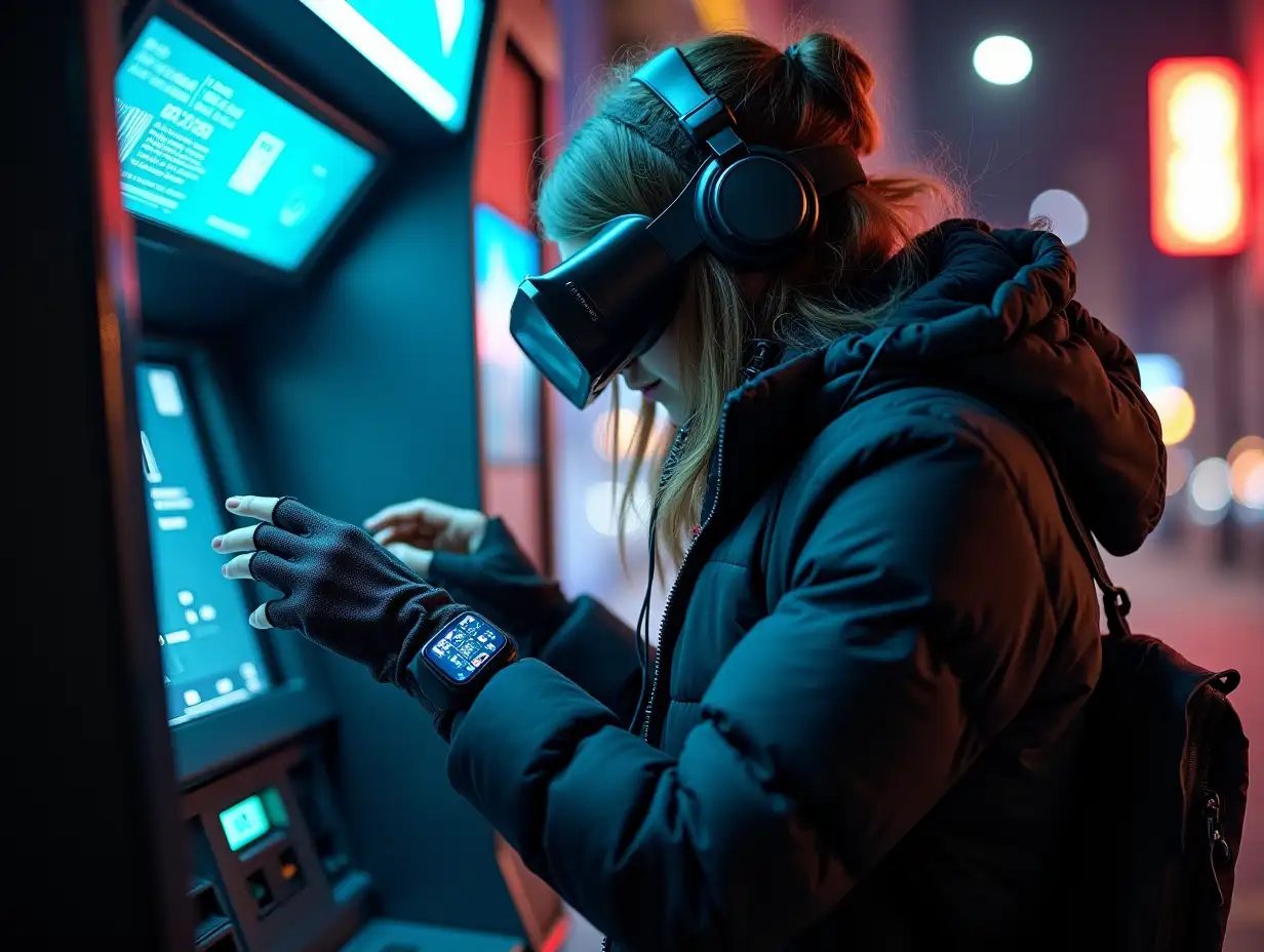 a young stealth female hacker on a street at night, programming atm machine, hands covered, wearing puffer jacket, cybernetic headband, vr goggles, headphones, smartwatch over electronic gloves, lots of wearable cyberpunk hardware, many wires connected from atm to gloves