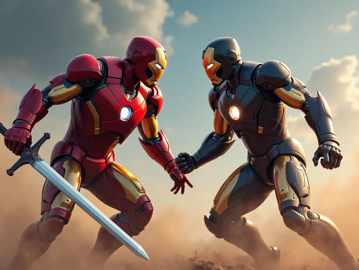 Creating a digital painting of a powerful, robust iron-man fighter with a sword in hand against another iron-man who dusts the ground with elaborate armor paint job and photorealistic love for details of parts and lighting.