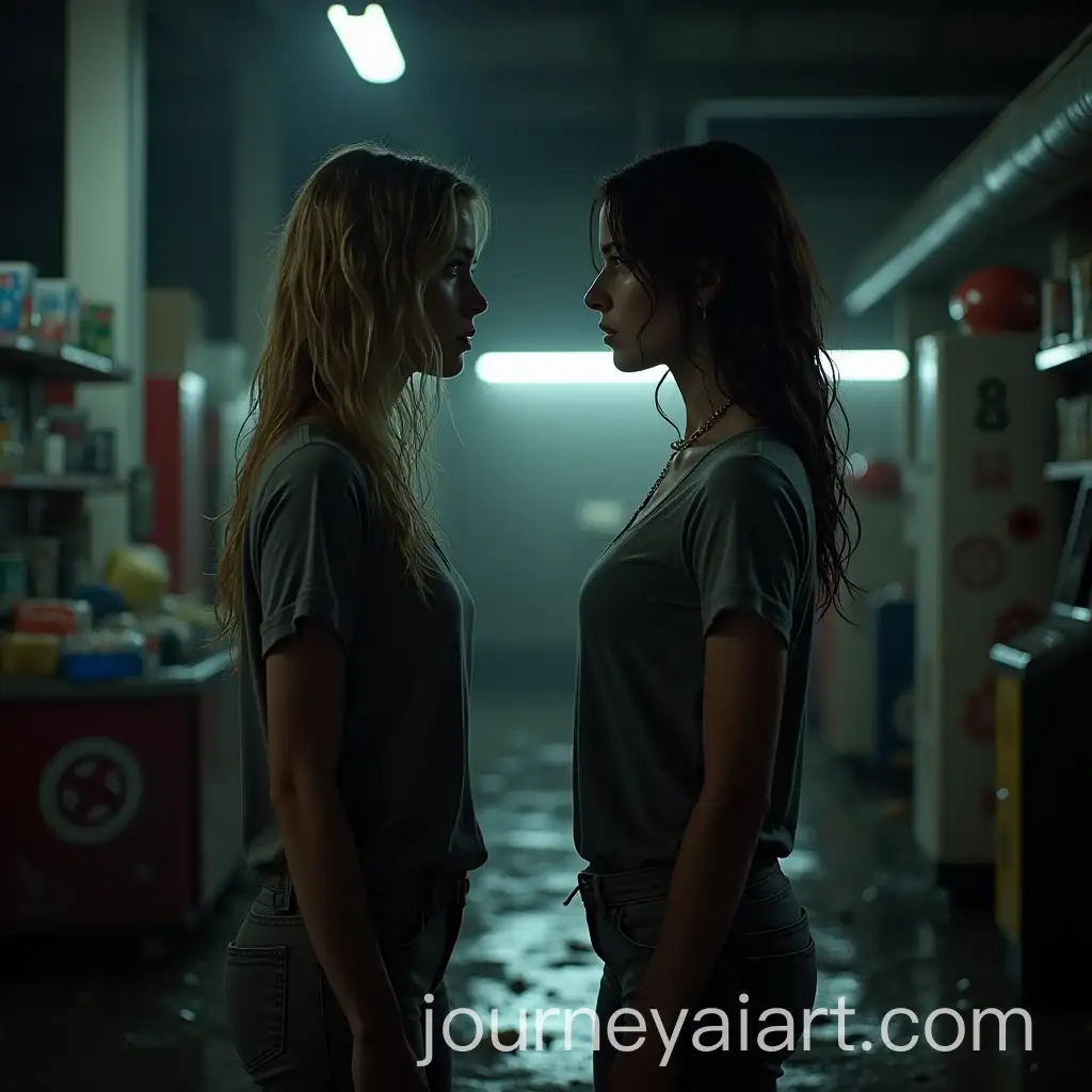 PostApocalyptic-Scene-with-Two-Women-in-Abandoned-Gas-Station-at-Night