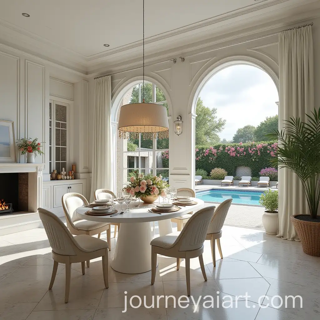 Elegant-Neoclassical-Dining-Room-with-Garden-View-and-Swimming-Pool-at-Night